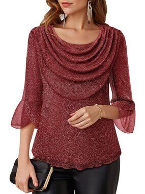 Women's Red Cowl Neck Blouse Dressy Casual Outfit 3/4 Sleeve Sparkly Top
